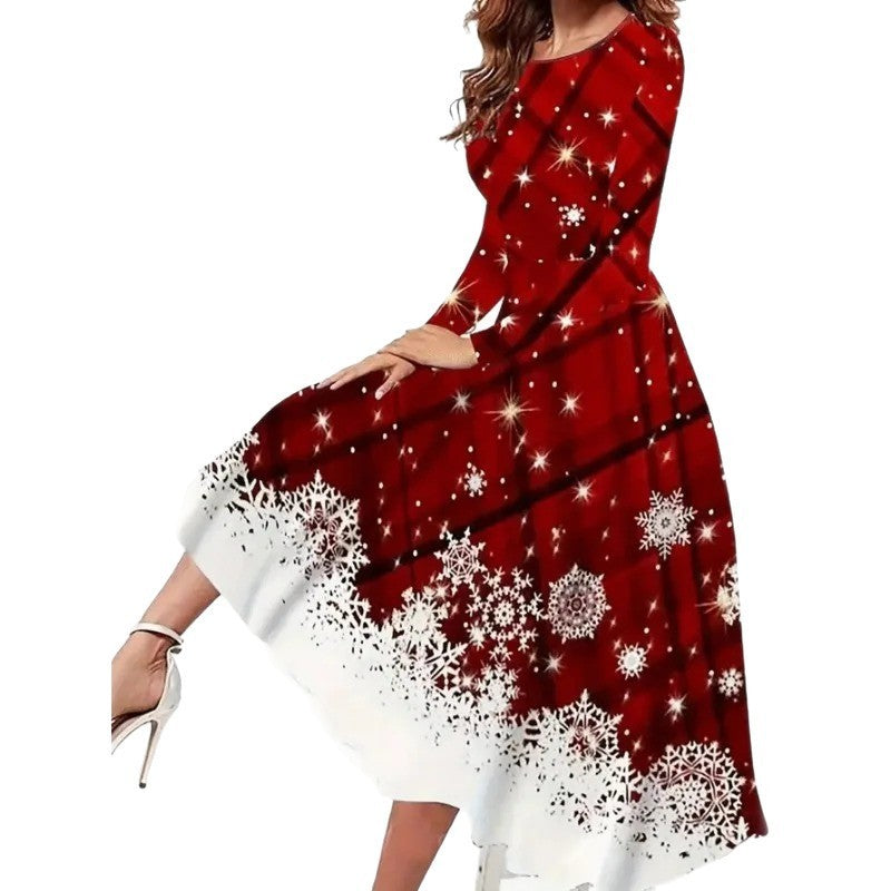 Round-neck Casual Christmas Pattern Long-sleeve Dress
