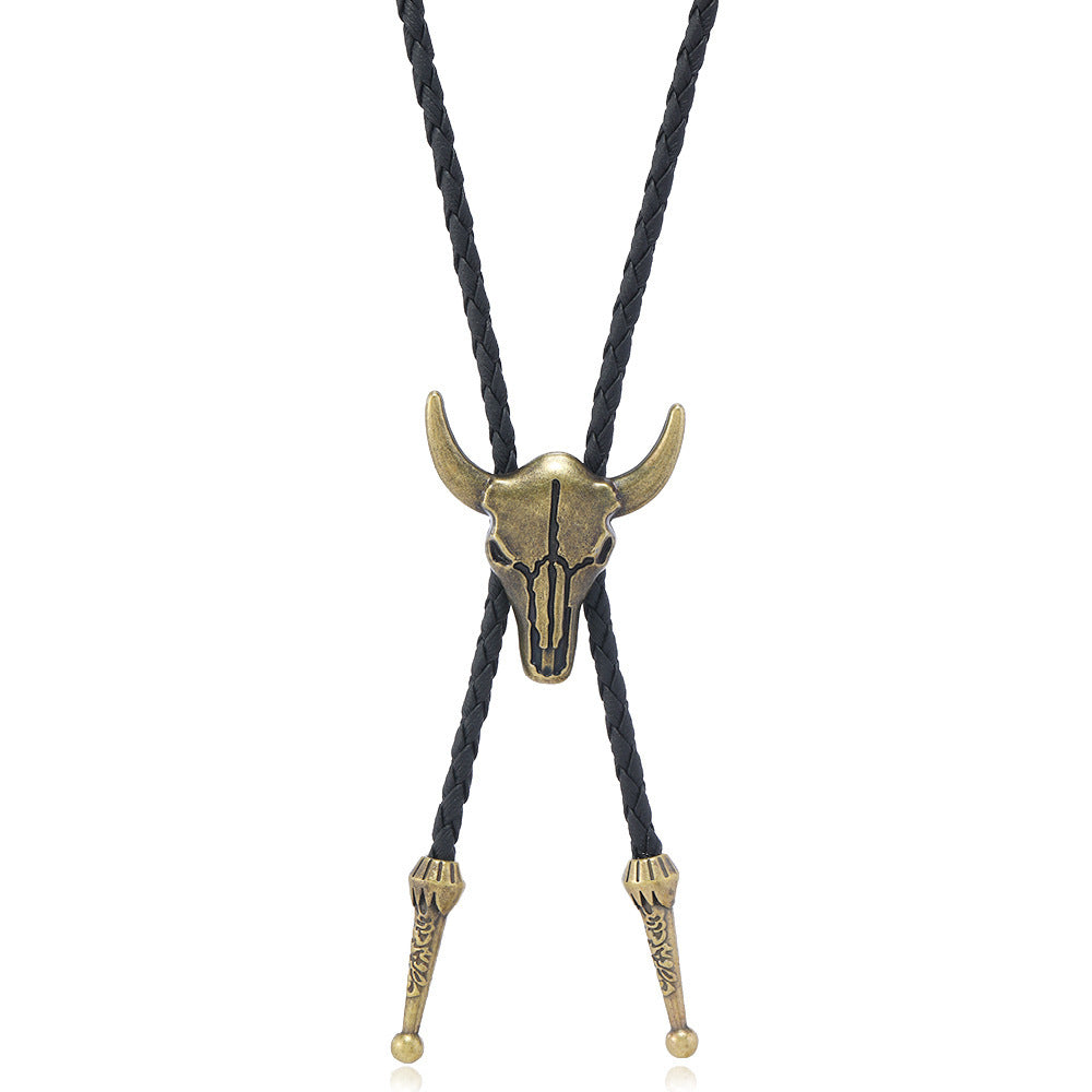 Pentagram Cow Alloy Pendant Polo Collar Necklace Vintage Punk Style Men's Leather Long Necklace Accessories