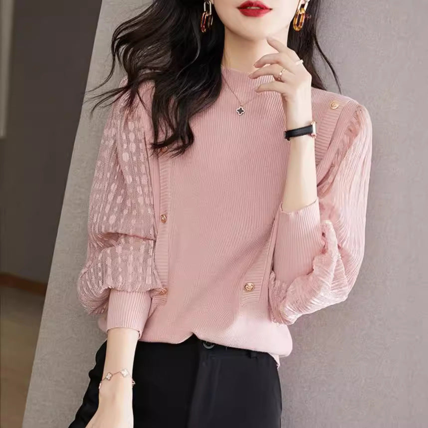 Women's Semi-High Neck Base Sweater Short Lantern Sleeve Top