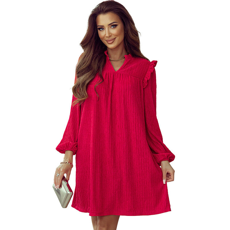 European And American Fashion Ruffled V-neck Long Sleeve Dress For Women