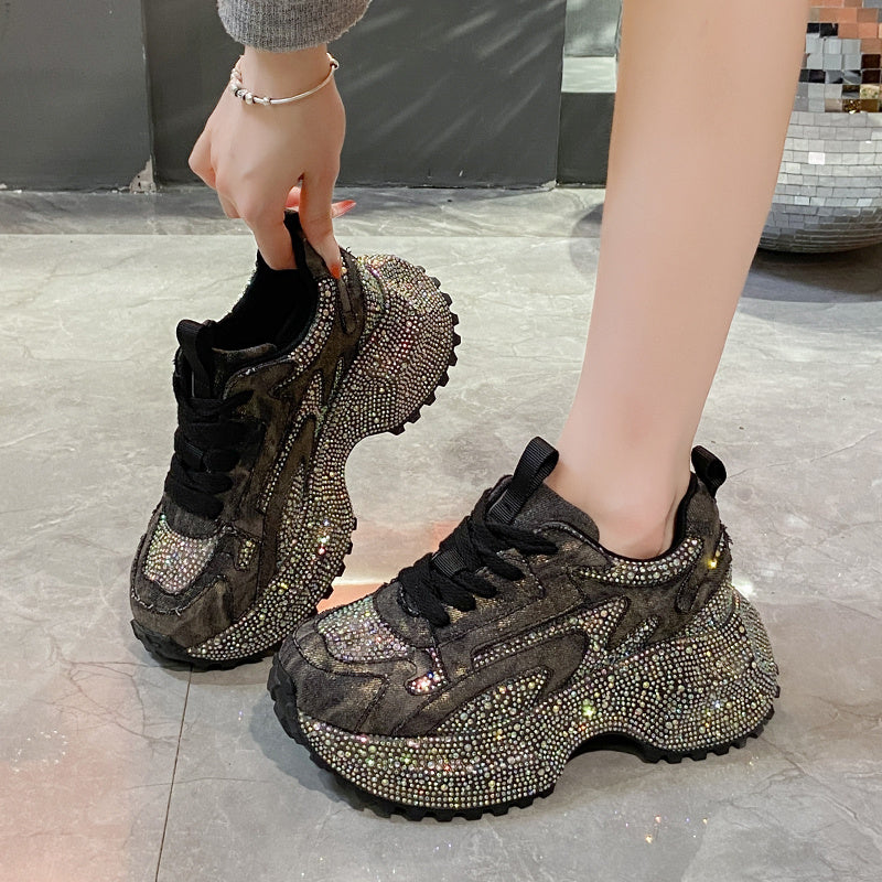 Glitter Diamond Purple Platform Sneakers Women Luxury Suede Casual Running Shoes Fashion Bling Cushion Dad Shoes