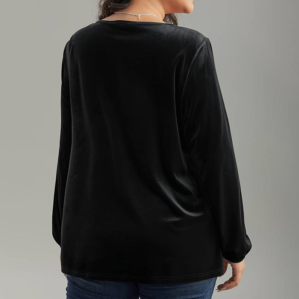 Square Neck Long Sleeve Fashion Loose Elegant Velvet T-shirt