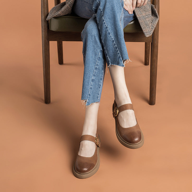 Vintage Mary Jane Women's Small Leather Shoes With Buckle