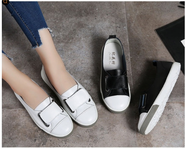 Leather Small White Shoes Women's Large Women's Single Shoes Versatile Velcro Cowhide School Board Shoes