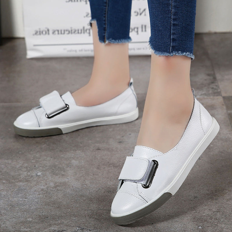 Leather Small White Shoes Women's Large Women's Single Shoes Versatile Velcro Cowhide School Board Shoes