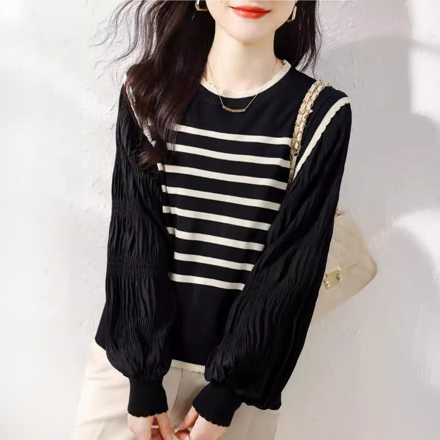 Patchwork Lace Collar Knitted Striped Lantern Sleeve Top