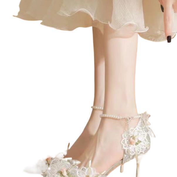 New Pointed Lace Flower Pearl Bow Tie Shoes