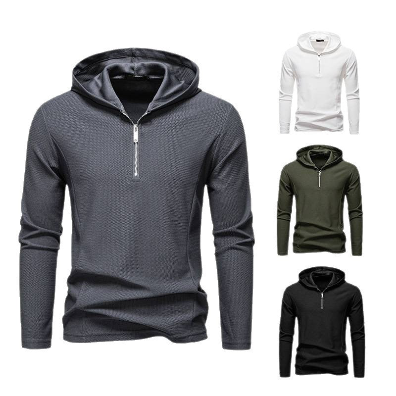 Half Zipper Design Casual Long Sleeve Solid Color Hooded T-shirt