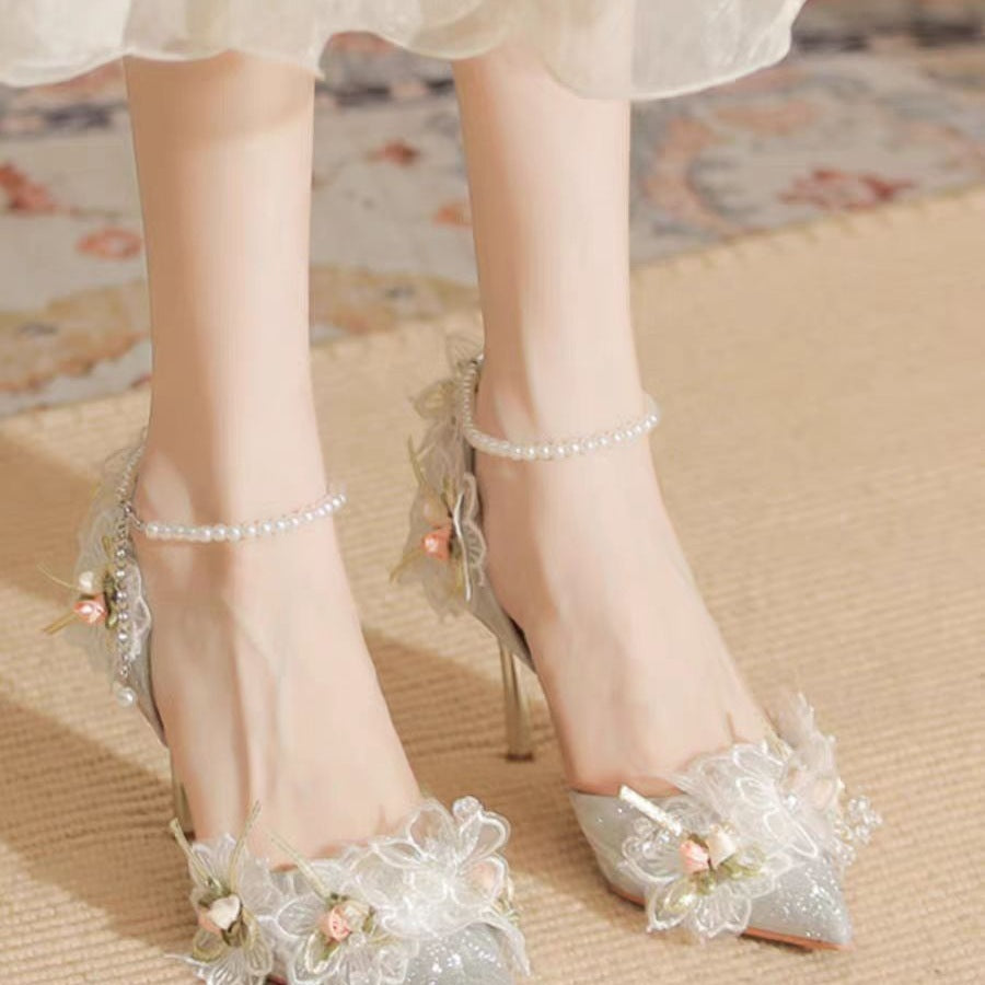 New Pointed Lace Flower Pearl Bow Tie Shoes