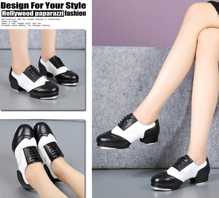 Women's Retro Top Layer Cowhide Soft Bottom Tap Dance Shoes