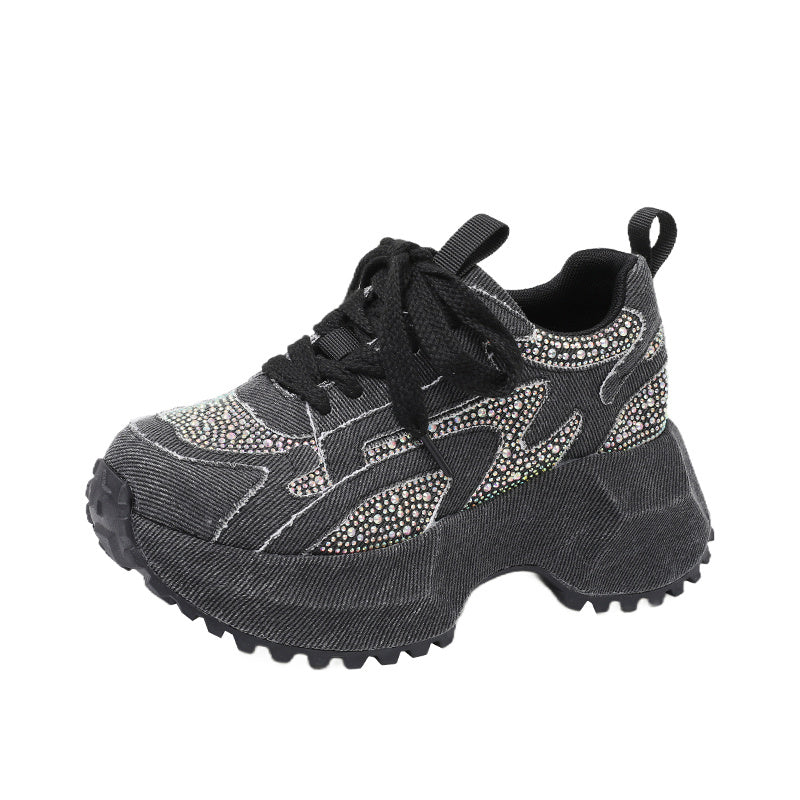 Sparkling Denim Sneakers For Women, Blue White Gradient High Top Platform Shoes With Rhinestones, Unique Fashion Thick Sole Design For Comfort