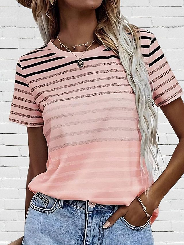 Women's Striped Gradient Round Neck Short Sleeve Top