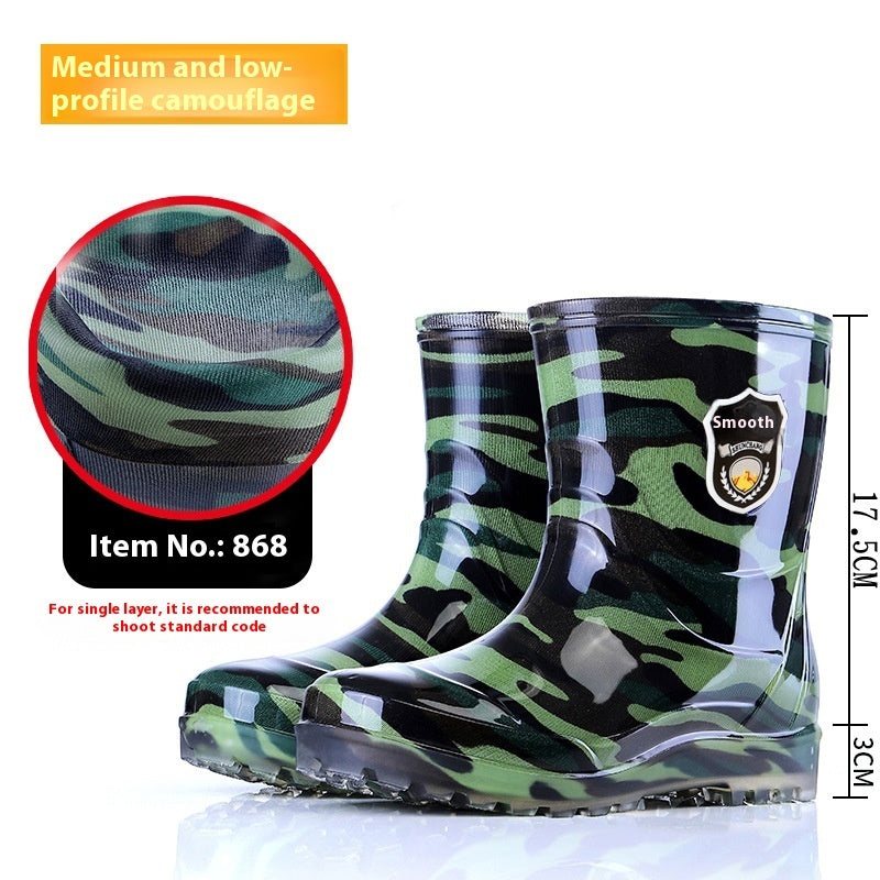 Popular Men's Tendon Bottom Camouflage Wear-resistant Rain Boots Fleece-lined Warm