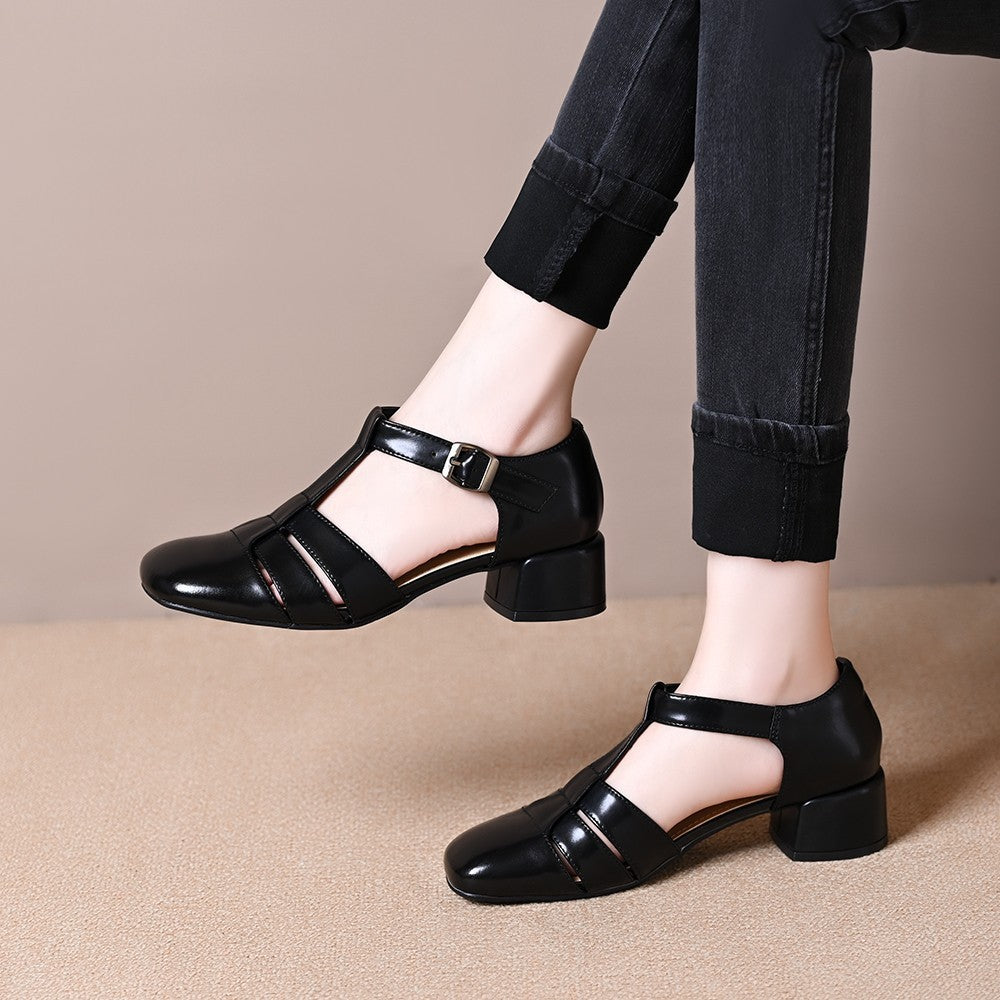 Hollow Retro Strap All-matching Chunky Heel Sandals