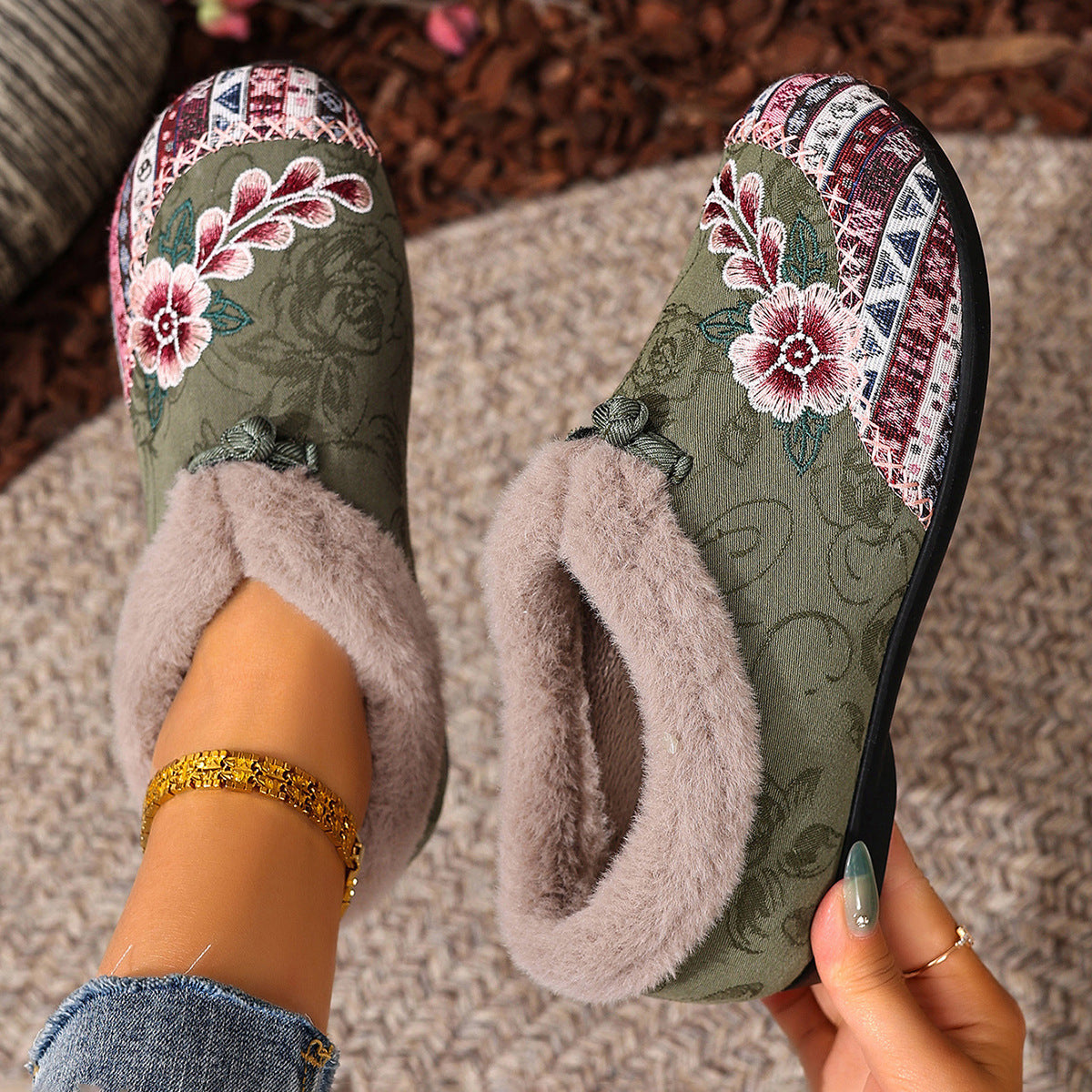 Flat Bottom Embroidery Cotton Shoes For Women