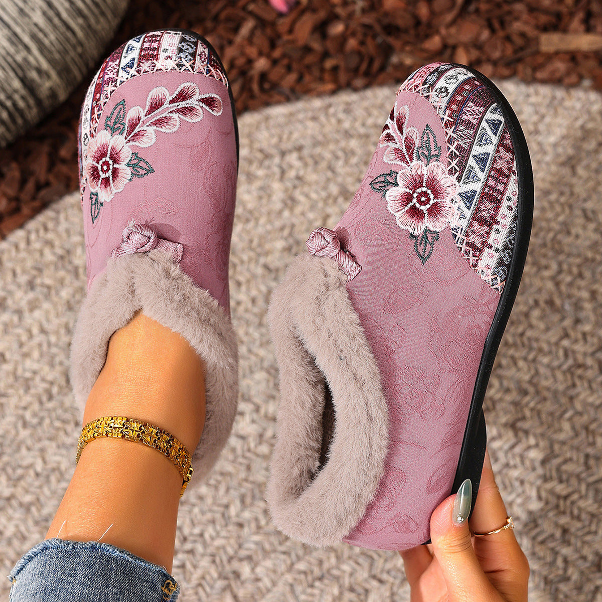 Flat Bottom Embroidery Cotton Shoes For Women