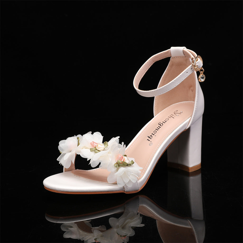 One Strap New Peep Toe High Heels Chunky Heel Low-cut Rhinestone