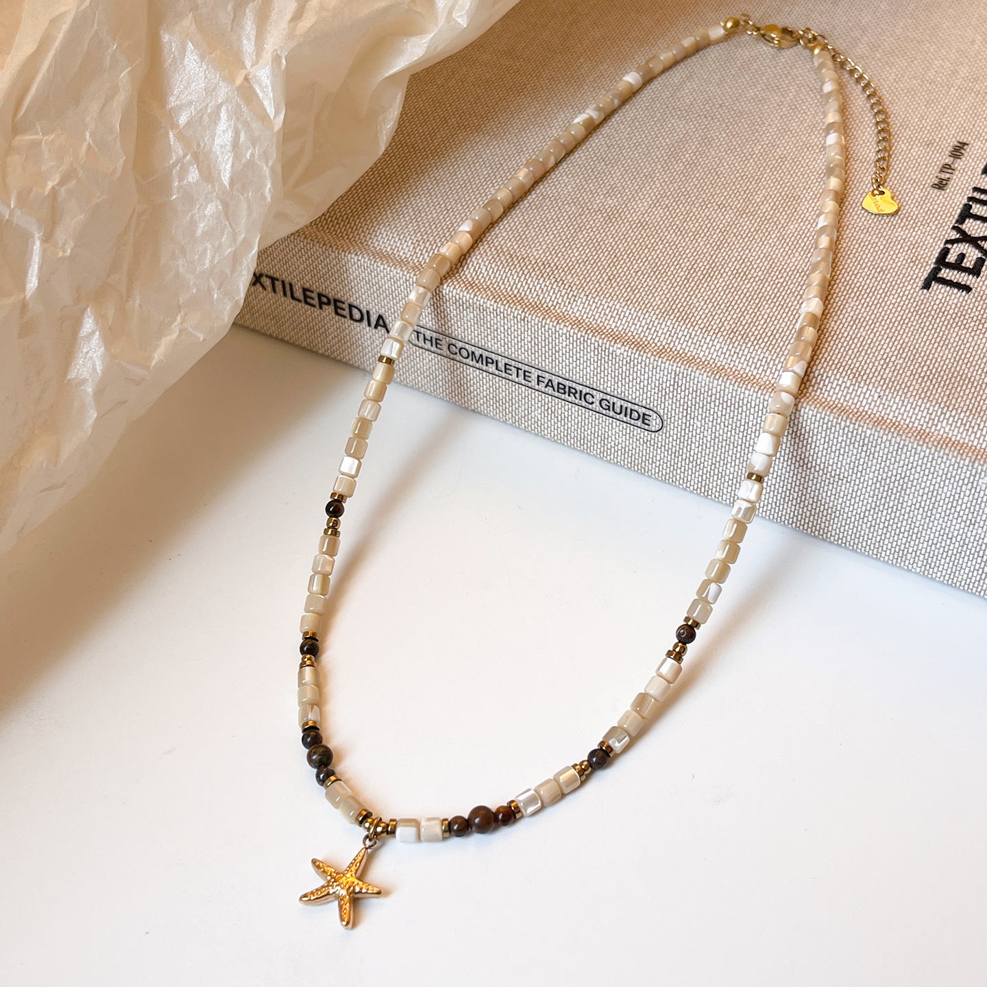 Titanium Steel Starfish Pendant Necklace Natural Shell Tigereye