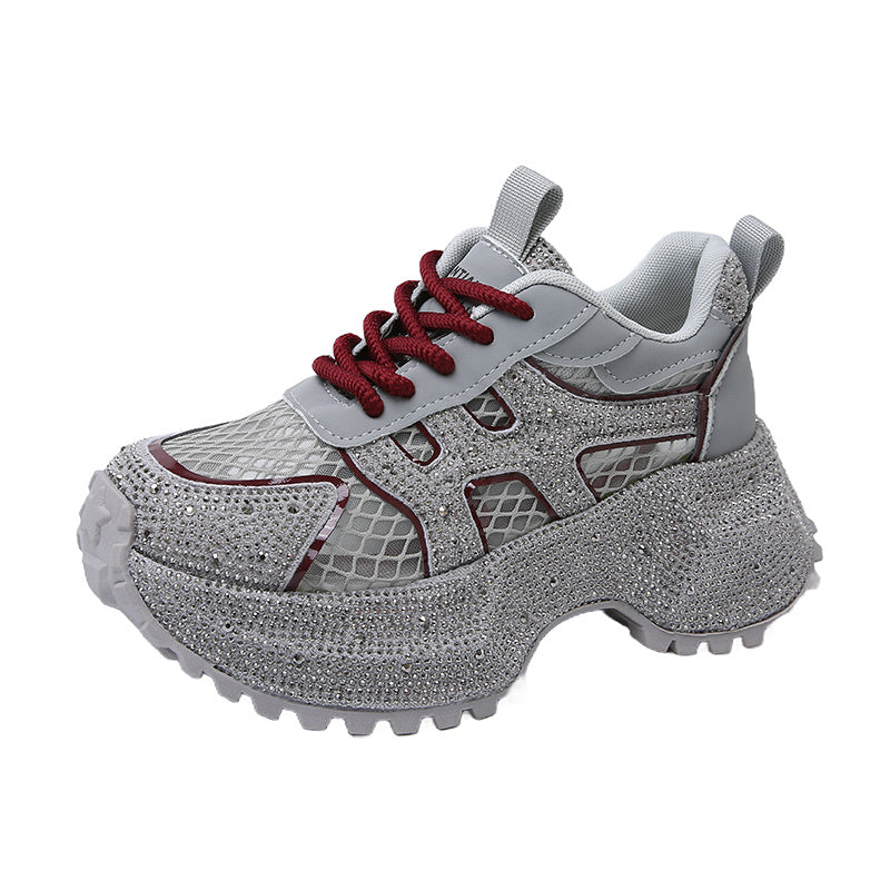 TIANXIU Women's Chunky Platform Sneakers, Light Yellow Glitter Rhinestone Accent Fashion Shoes With Green Trim And Thick White Sole