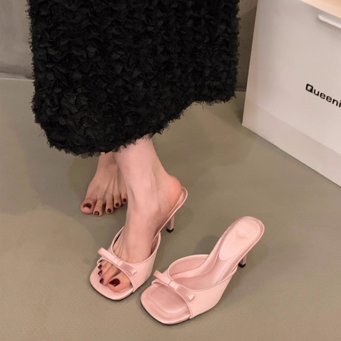 Square Head Fairy Bow High Heel Slippers Ankle-strap Stilettos
