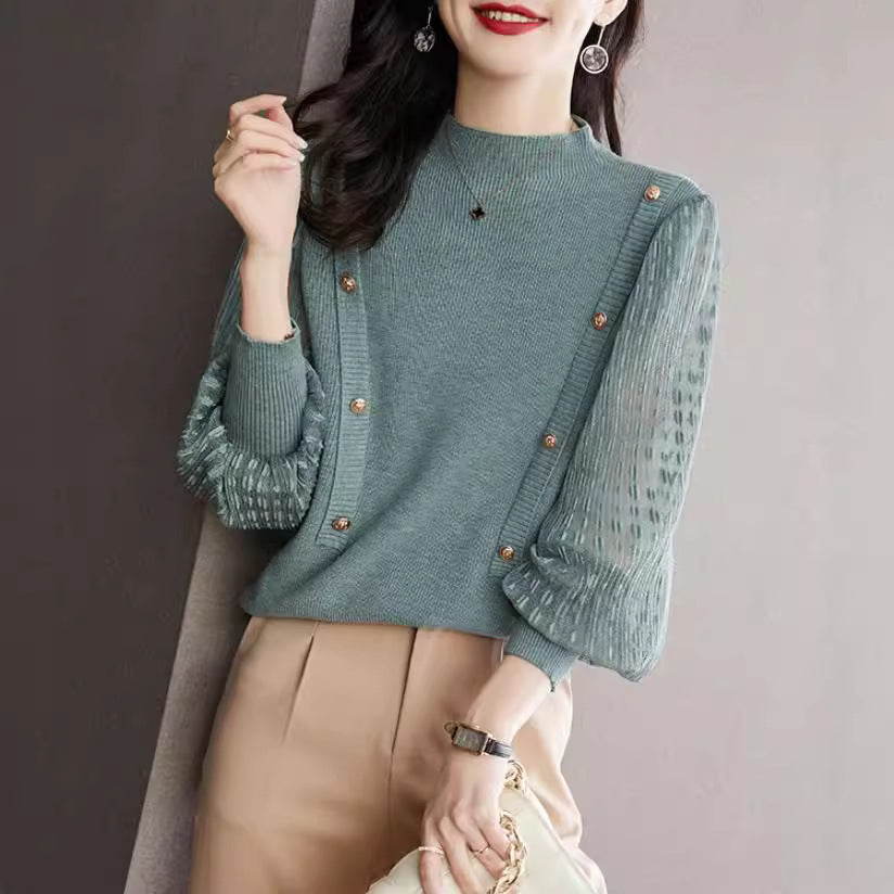 Women's Semi-High Neck Base Sweater Short Lantern Sleeve Top