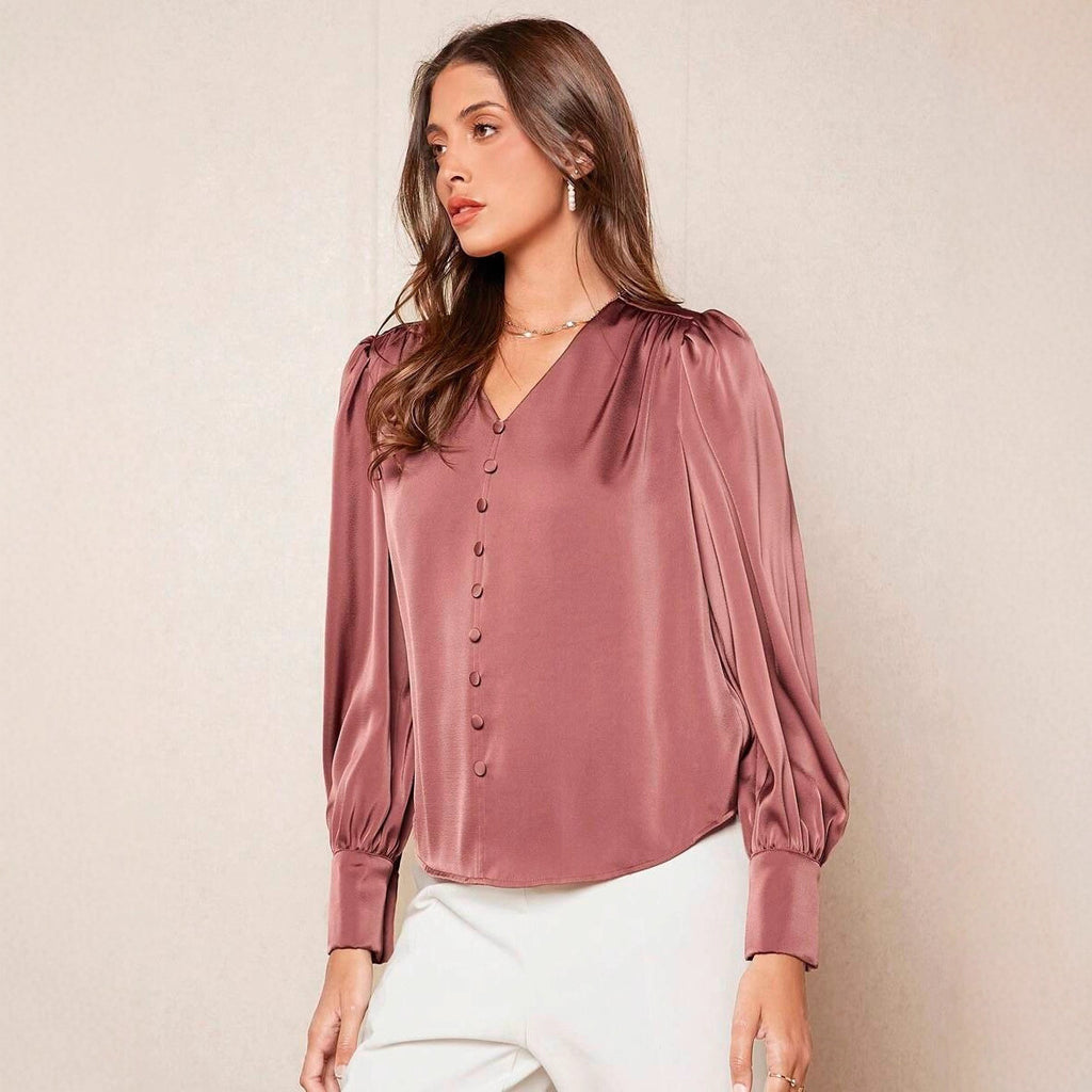 Women's New Casual Satin Button V-neck Long Sleeve Top