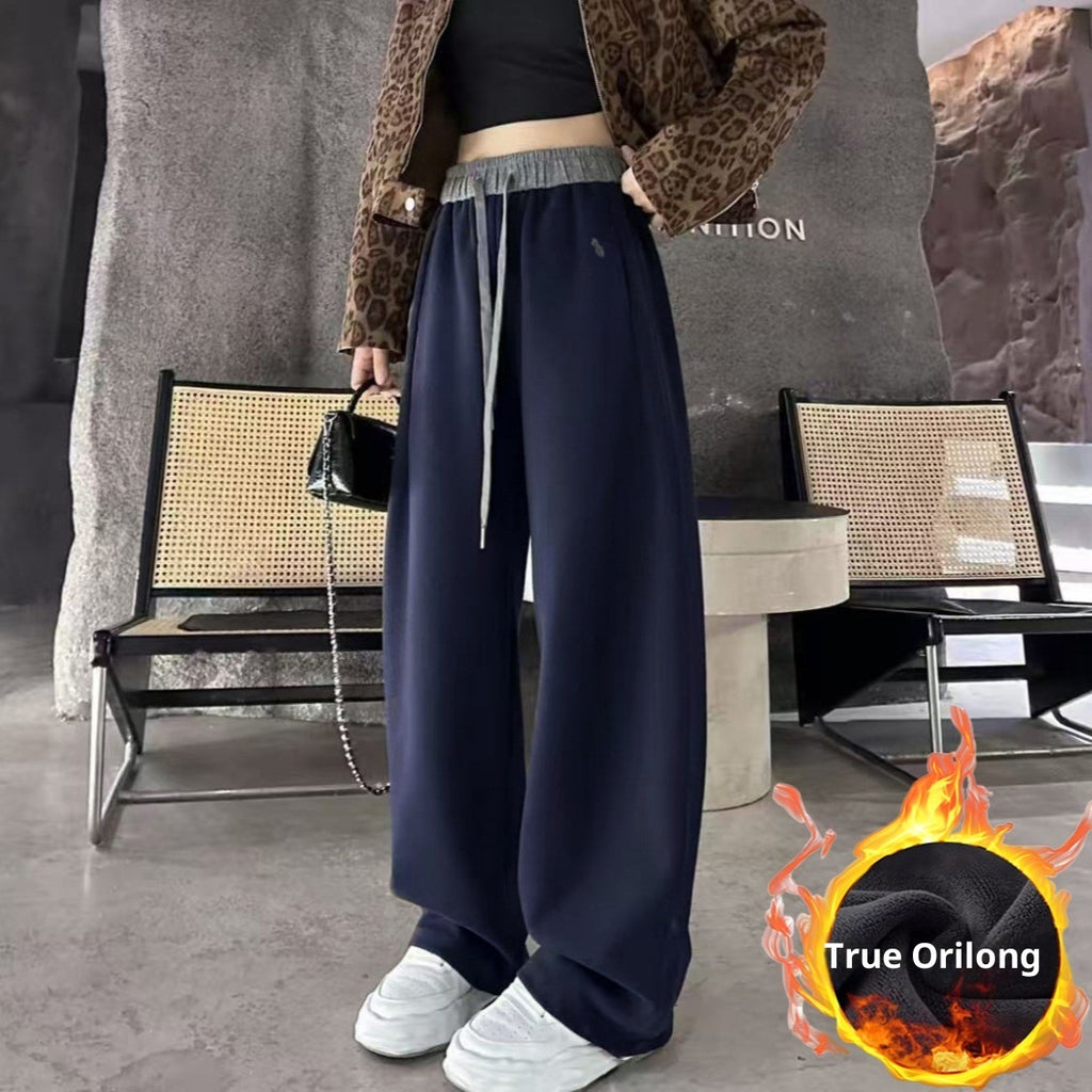Embroidered Color-block High-waist Fleece Wide-leg Pants Women