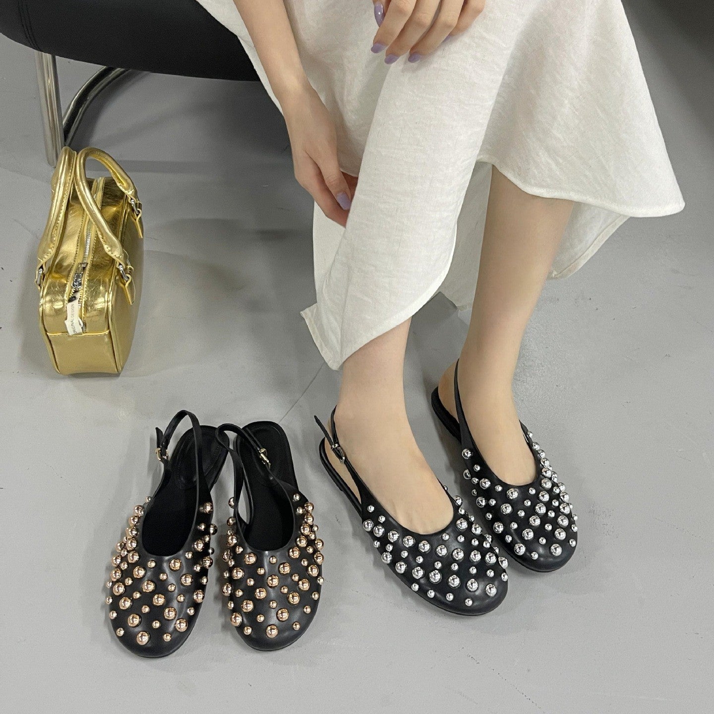 Flat Toe Box Rivet Button Women's Sandals