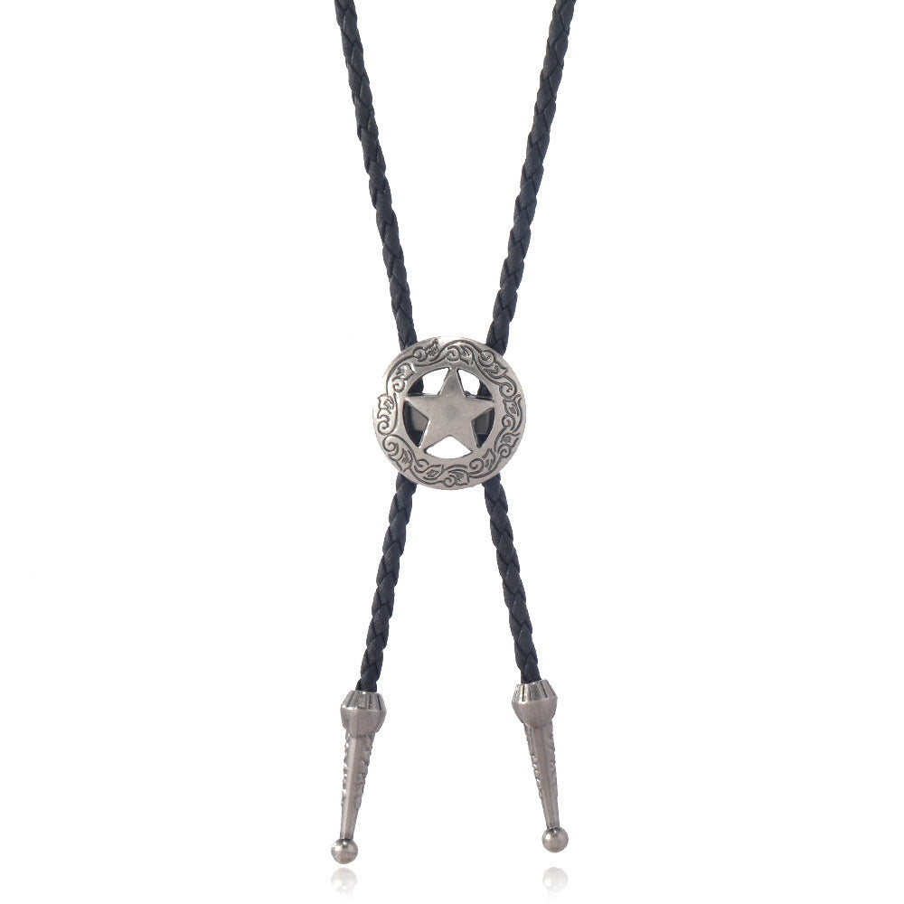 Pentagram Cow Alloy Pendant Polo Collar Necklace Vintage Punk Style Men's Leather Long Necklace Accessories