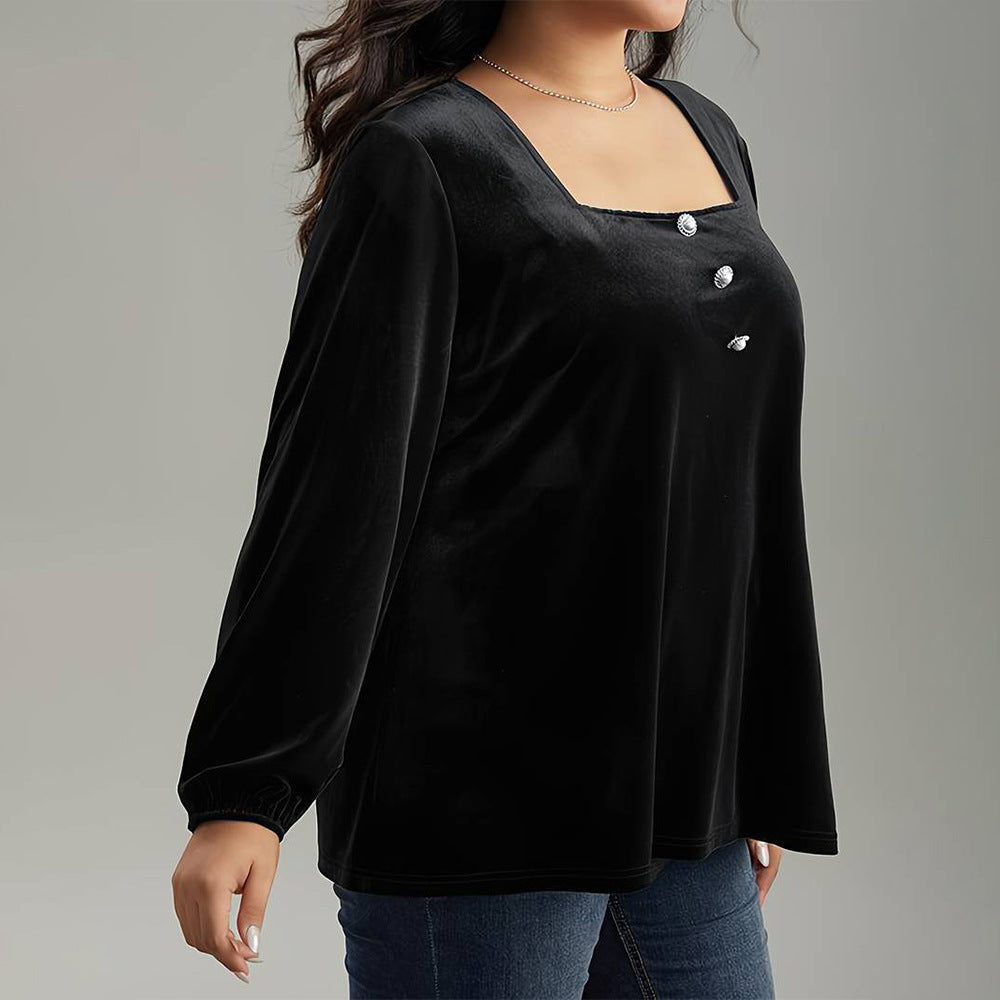 Square Neck Long Sleeve Fashion Loose Elegant Velvet T-shirt