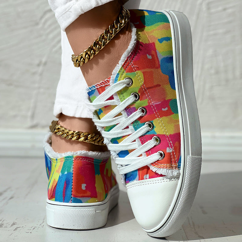 Melt Color Printed Tassel Hem Canvas Sneakers - Anklet Not Included