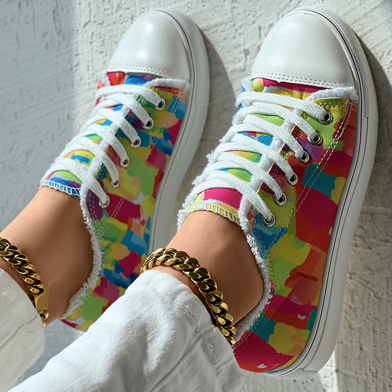 Melt Color Printed Tassel Hem Canvas Sneakers - Anklet Not Included