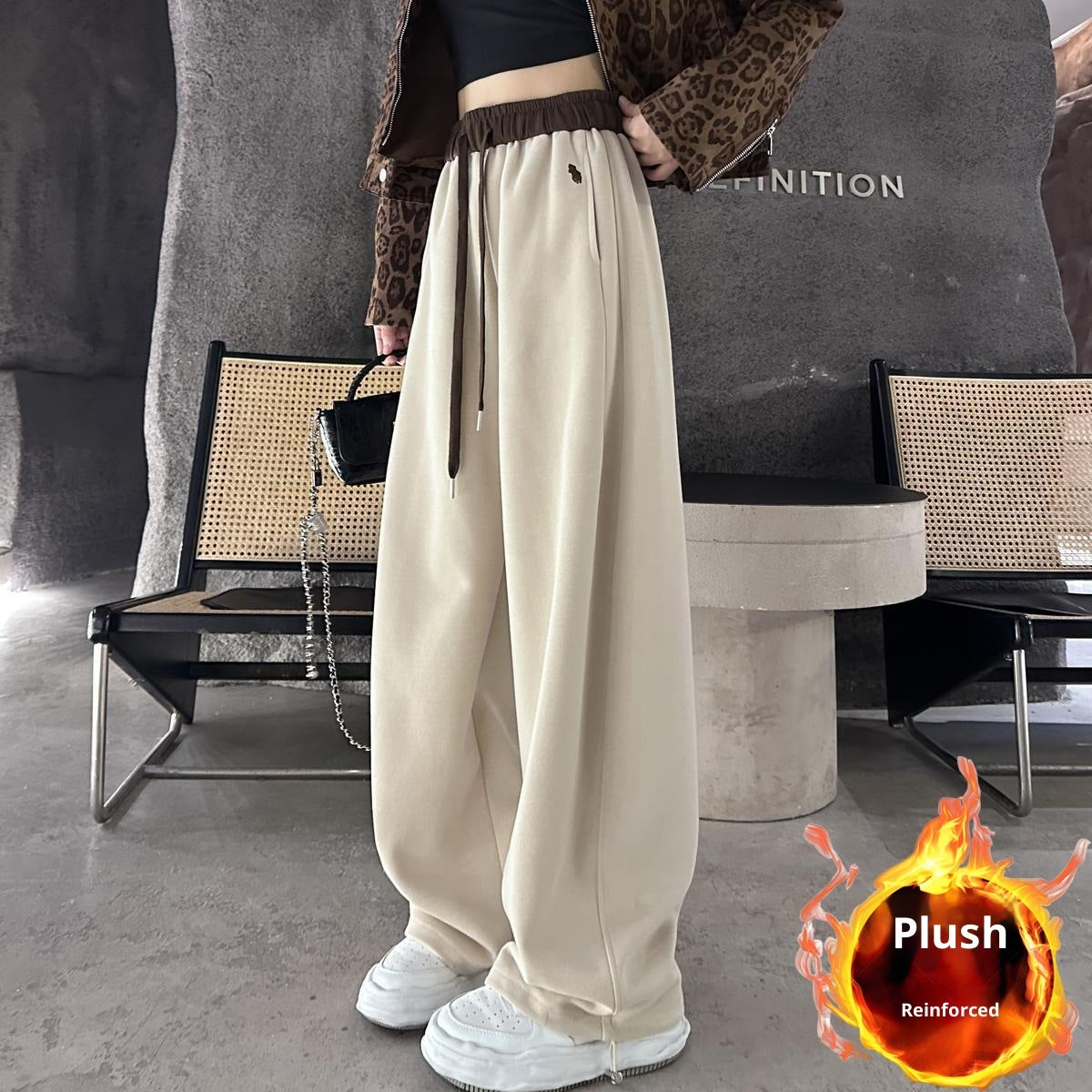Embroidered Color-block High-waist Fleece Wide-leg Pants Women