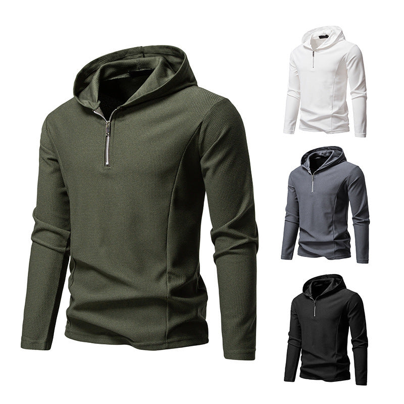 Half Zipper Design Casual Long Sleeve Solid Color Hooded T-shirt