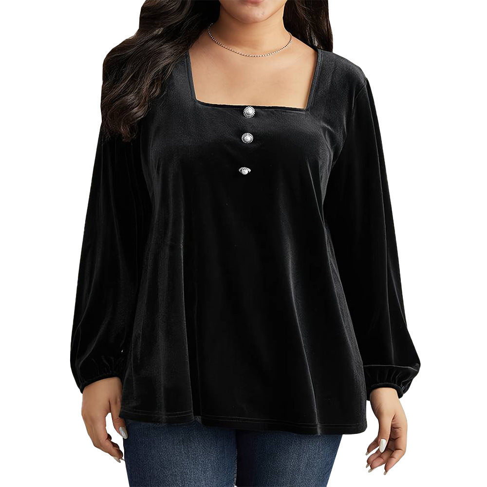 Square Neck Long Sleeve Fashion Loose Elegant Velvet T-shirt