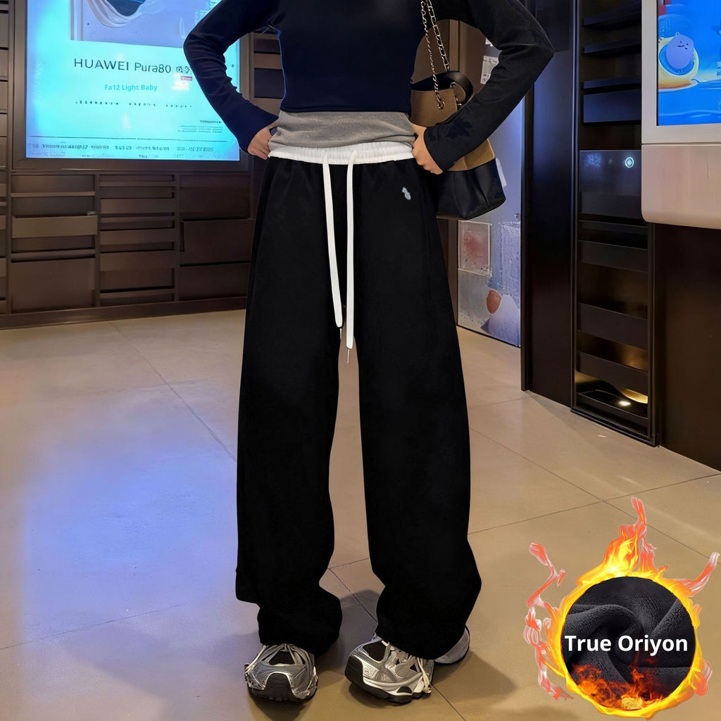 Embroidered Color-block High-waist Fleece Wide-leg Pants Women