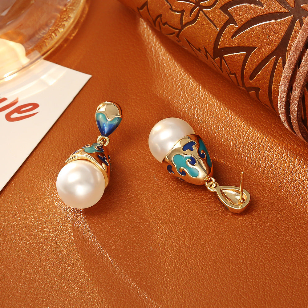 Enamel Pearl Stud Earrings High-end Fashion Elegant
