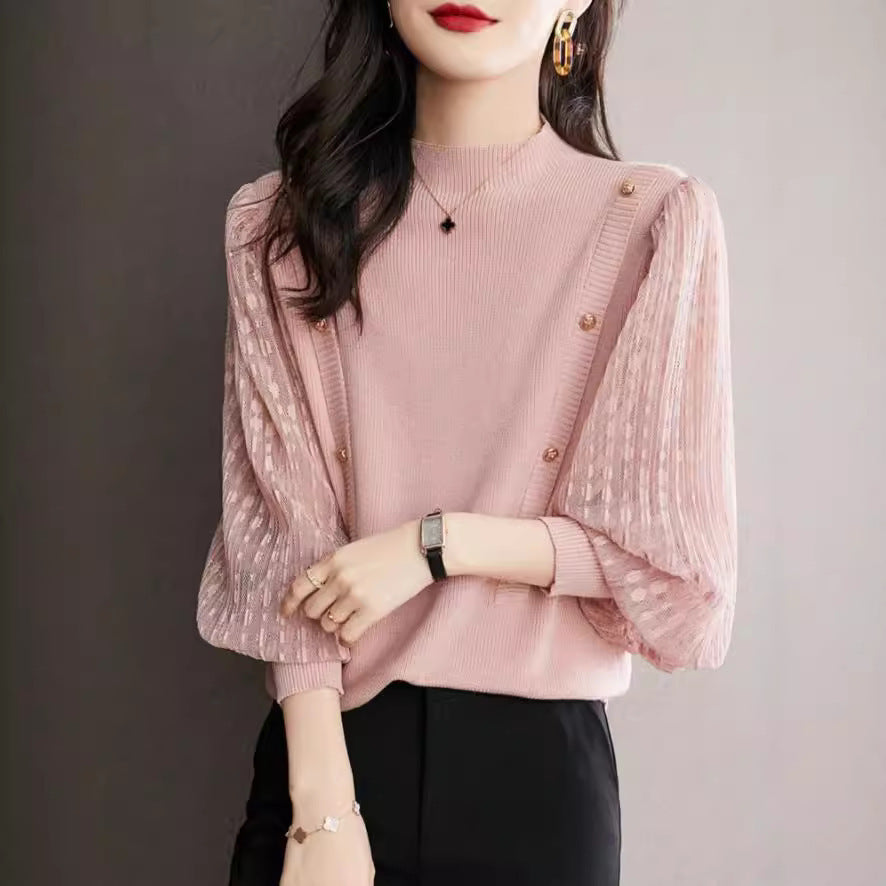 Women's Semi-High Neck Base Sweater Short Lantern Sleeve Top