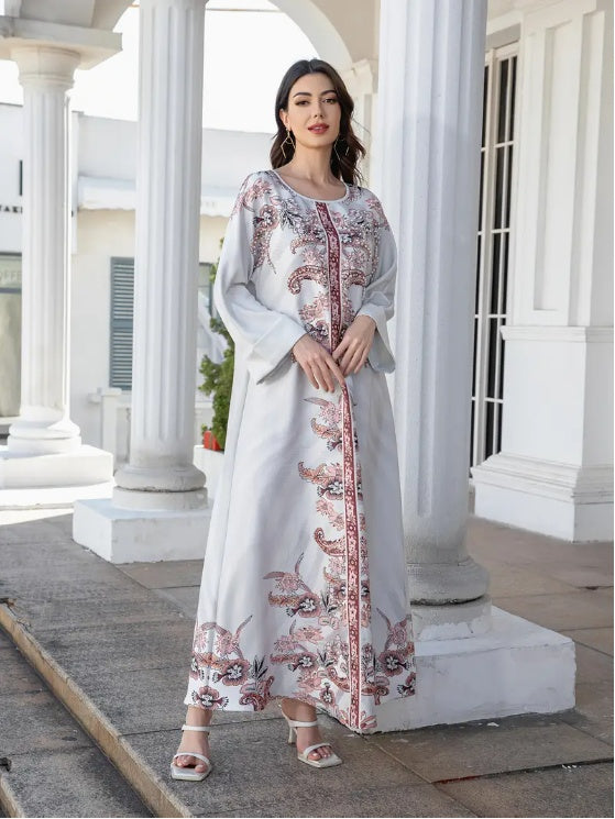 Elegant Floral Print Long Sleeve Abaya Dress