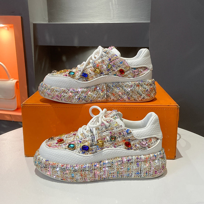 Women's Fashion Platform Loafers, Colorful Tweed Slip-on Shoes With Gemstones, Casual And Comfortable Flat Shoes