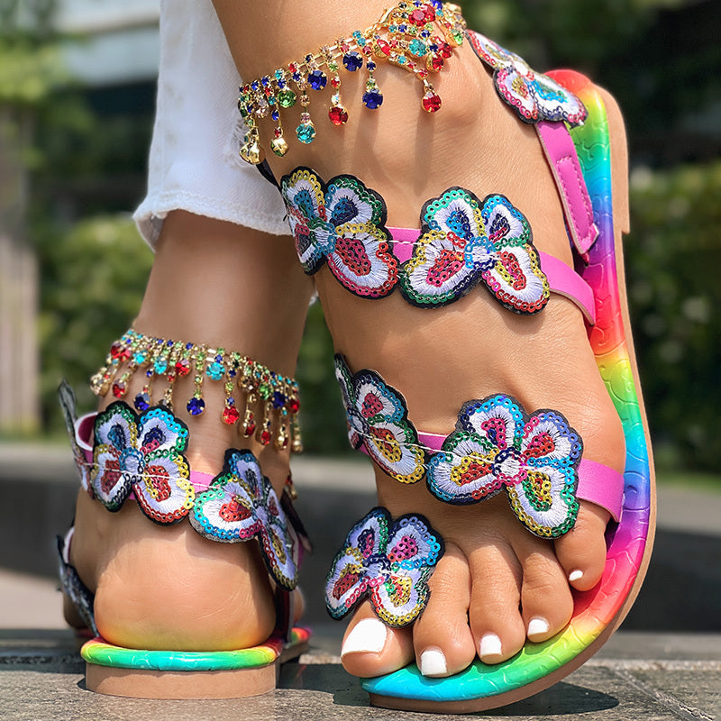 Butterfly Pattern Toe Ring Slingback Beach Sandals - Anklet Not Included