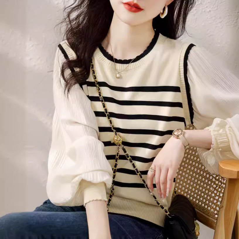 Patchwork Lace Collar Knitted Striped Lantern Sleeve Top
