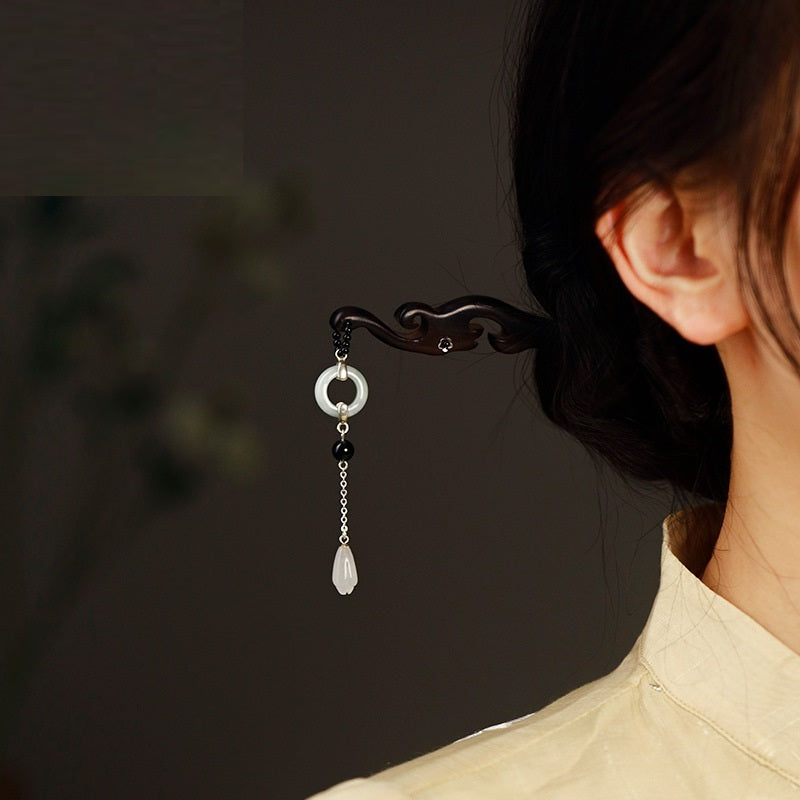 Simple Daily Brocade Wooden Tassel Hairpin