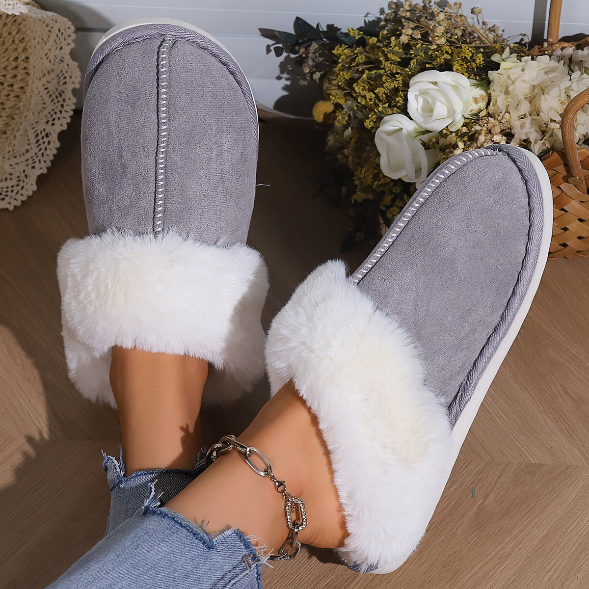 Cotton Slippers Autumn And Winter Fleece-lined Home Fur Toe Cap