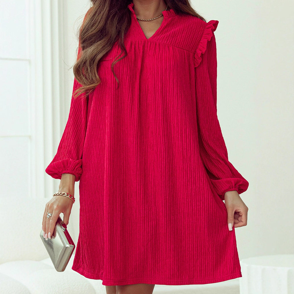 European And American Fashion Ruffled V-neck Long Sleeve Dress For Women