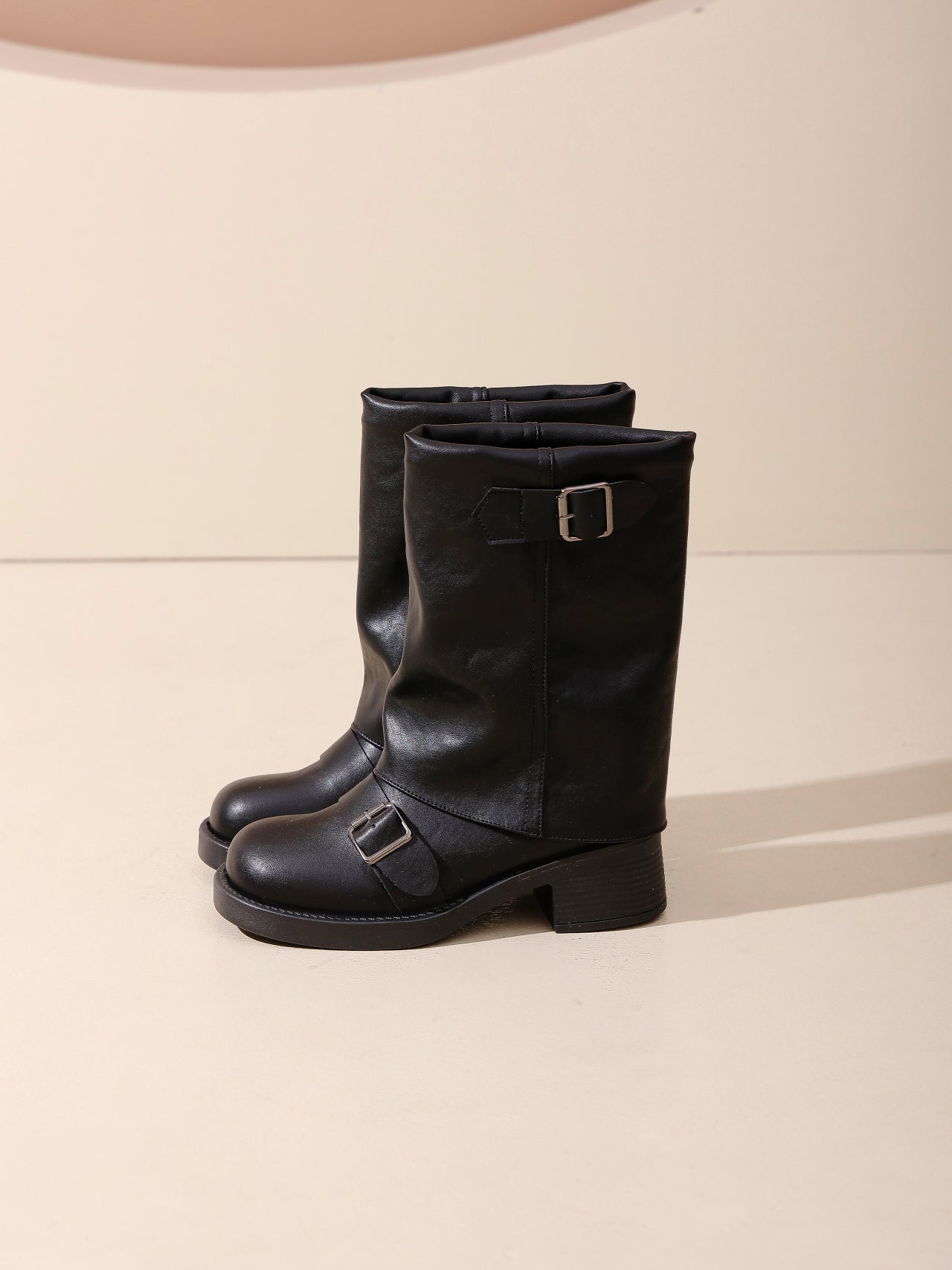 Vintage Style Chunky Heel Leather Boots For Women, Fashion Mid-Calf Boots With Buckle Accents For Comfort And Style