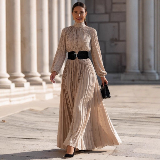 Women's French Elegant Style High Neck High Waist Dress