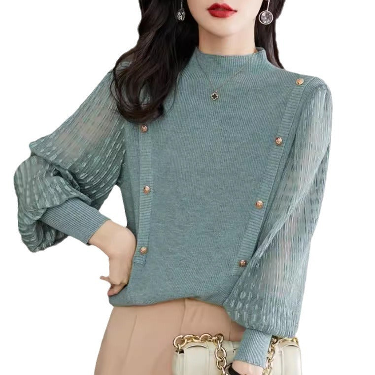 Women's Semi-High Neck Base Sweater Short Lantern Sleeve Top