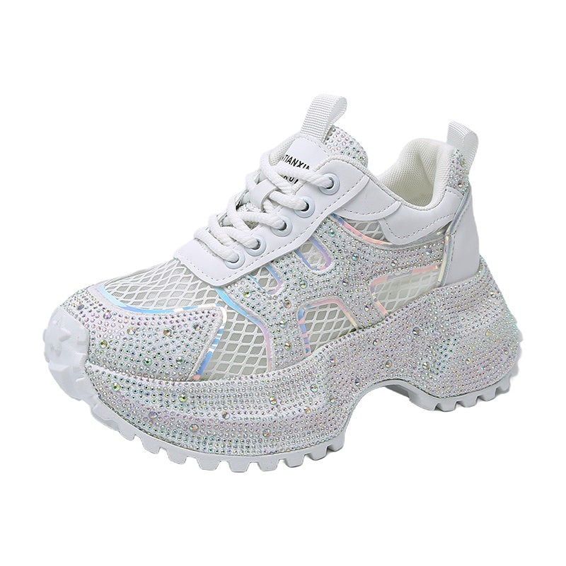 TIANXIU Women's Chunky Platform Sneakers, Light Yellow Glitter Rhinestone Accent Fashion Shoes With Green Trim And Thick White Sole