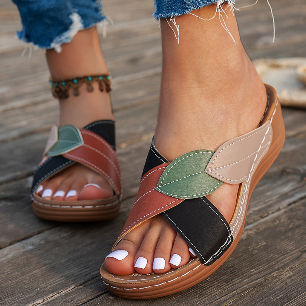 Women's Cork Wedge Sandals With Leaf Design, Red-brown Gladiator-style Lace-up, Espadrille-style Summer Casual Shoes